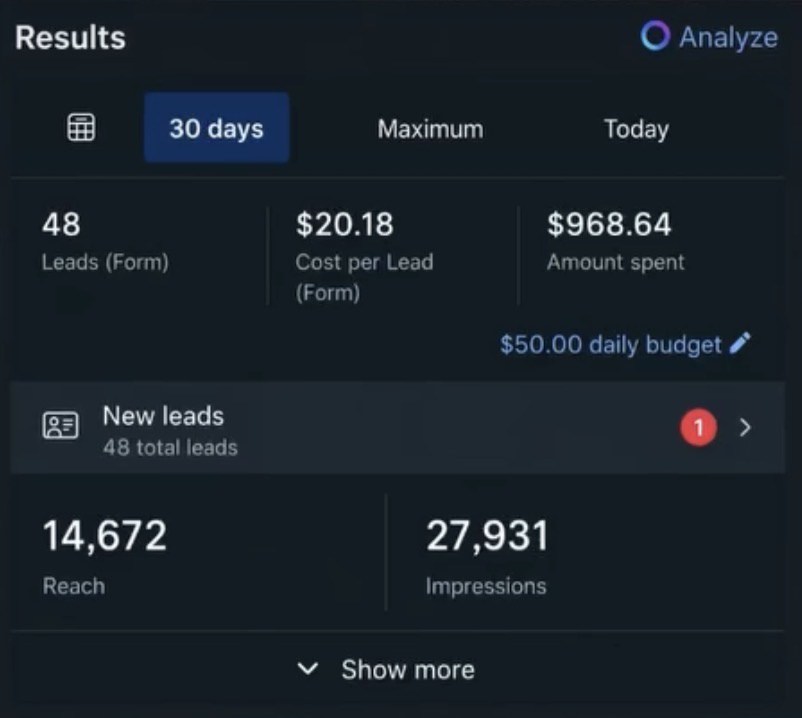 Lead form results - 48 leads